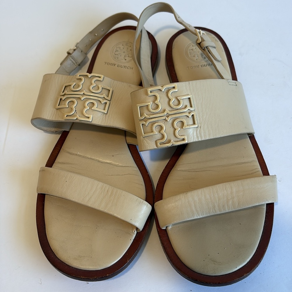 Tory Burch Cream Leather Double-Strap Logo Flat Sandals - Picture 9 of 10